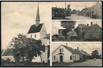 Svindinge, gadeparti, kirke, villakvarter og købmandsforretning. H. Schmidt no. 27042. Frankeret med 5 øre Bølgelinie annulleret med stjernestempel SVINDINGE F. og sidestemplet Øxendrup d. 29.8.1913 til København.