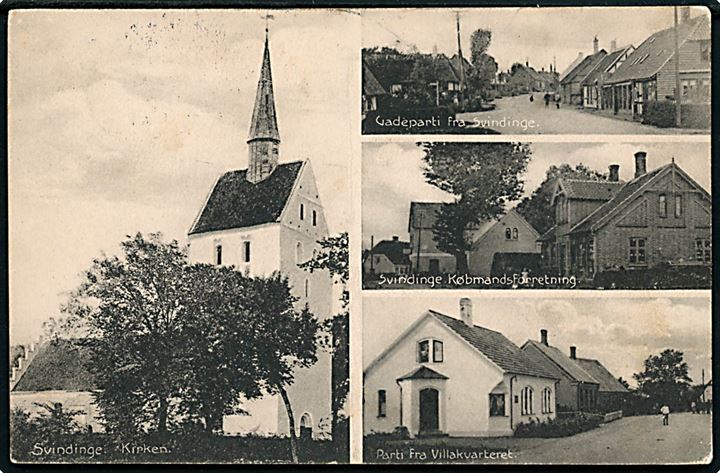 Svindinge, gadeparti, kirke, villakvarter og købmandsforretning. H. Schmidt no. 27042. Frankeret med 5 øre Bølgelinie annulleret med stjernestempel SVINDINGE F. og sidestemplet Øxendrup d. 29.8.1913 til København.