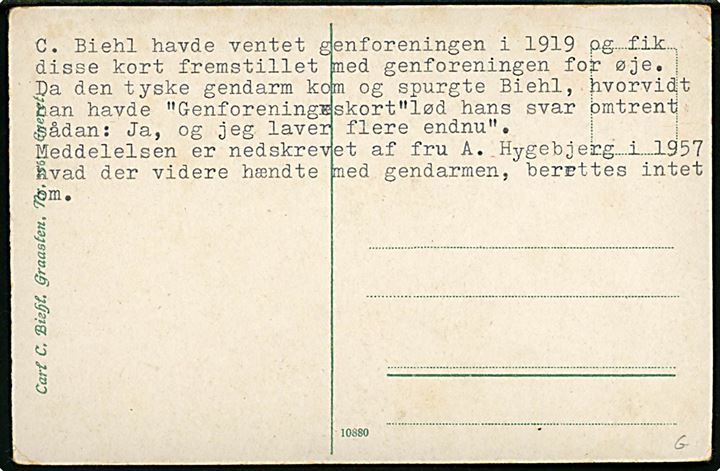 Genforening. Tidligt genforeningskort 1864-1919 med to løver og hjerter. Udgivet af Carl C. Biehl, Graasten no. 10880.