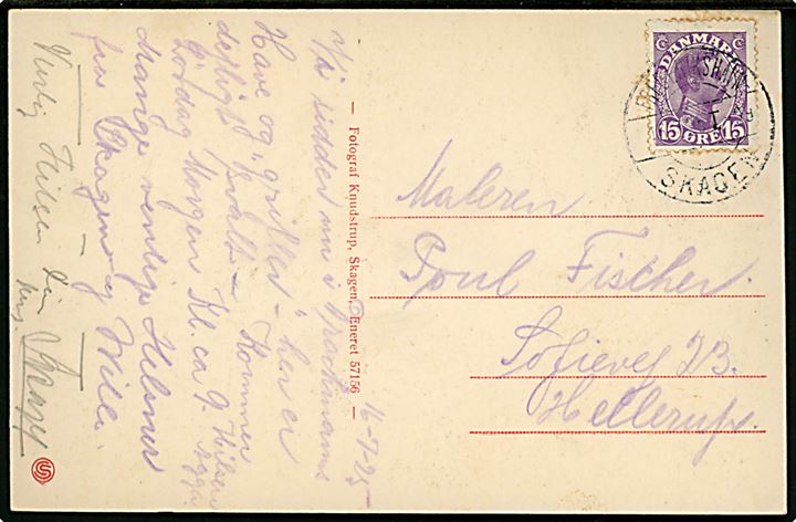 Skagen, interiør fra Drachmanns hus. Stenders no. 57156. Frankeret med 15 øre Chr. X annulleret med bureaustempel Skagen - Frederikshavn T.99 d. 16.7.1925 til kunstmaler Paul Fischer i Hellerup.