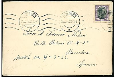 40 øre Chr. X single på brev fra København d. 23.2.1922 til Barcelona, Spanien.