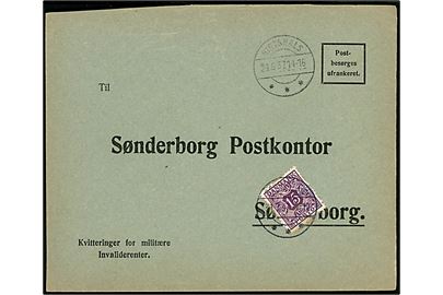 Ufrankeret brev mærket Kvittering for militære Invaliderenter fra Hirtshals d. 29.6.1937 til Sønderborg Postkontor. Udtakseret i enkeltporto med 15 øre Portomærke annulleret Sønderborg d. 31.7.1937.