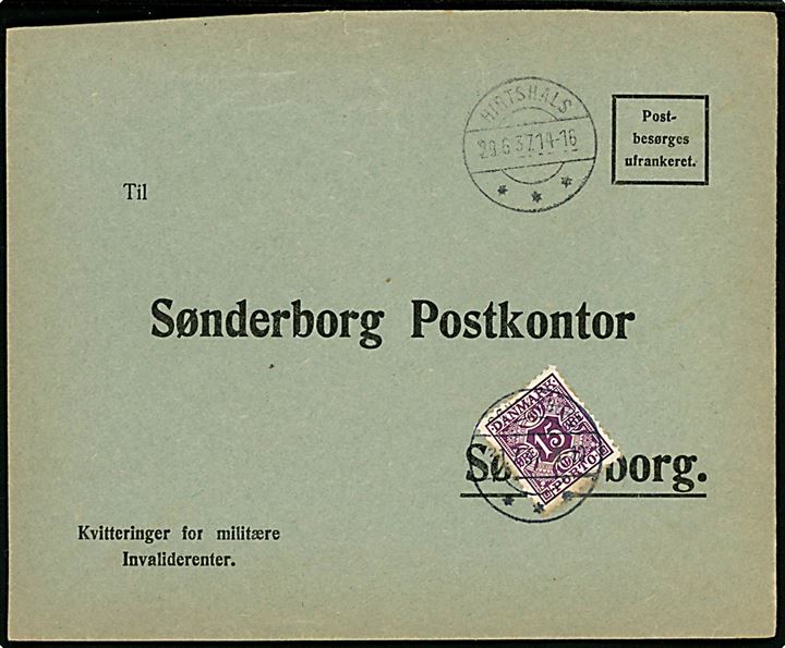 Ufrankeret brev mærket Kvittering for militære Invaliderenter fra Hirtshals d. 29.6.1937 til Sønderborg Postkontor. Udtakseret i enkeltporto med 15 øre Portomærke annulleret Sønderborg d. 31.7.1937.