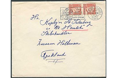 30 øre Fr. IX i parstykke på brev fra København d. 11.8.1955 til kaptajn ombord på S/S Hamlet, Holtenau, Tyskland.