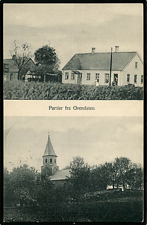Grendsten ved Langaa. Kirken og den lokale handel. Fr. Fuglsang Postkortforlag u/no. 