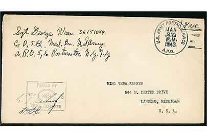 Ufrankeret amerikansk feltpostbrev med udslebet stempel U. S. Army Postal Service A.P.O. d. 27.1.1943 fra soldat ved Co. D. 5th Med. Bn. U.S. Army APO 5 (= Baldurshagi, Island)  til Lansing, USA. Unit censor: Passed By US Army Examiner 00954.