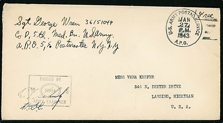 Ufrankeret amerikansk feltpostbrev med udslebet stempel U. S. Army Postal Service A.P.O. d. 27.1.1943 fra soldat ved Co. D. 5th Med. Bn. U.S. Army APO 5 (= Baldurshagi, Island)  til Lansing, USA. Unit censor: Passed By US Army Examiner 00954.