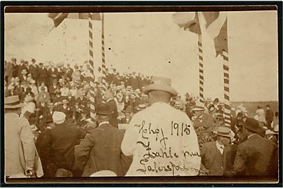 Radikale Venstre. C. Th. Zahle på talerstolen ved Grundlovsmødet på Hohøj 1915. Fotokort no. 1225. Frankeret 3 øre Bølgelinie annulleret med stjernestempel VAMMEN og sidestemplet Viborg d. 15.8.1916.