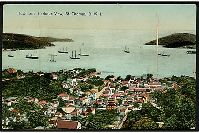 D.V.I., St. Thomas. Town and Harbour med prospektlomme. Lightbourn u/no. Frankeret med 5 bit Fr. VIII i parstykke fra Christiansted d. 27.1.1913 til København, Danmark.