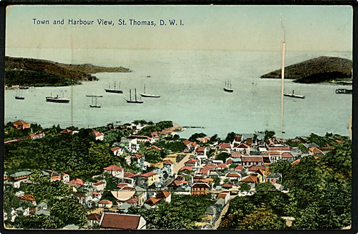 D.V.I., St. Thomas. Town and Harbour med prospektlomme. Lightbourn u/no. Frankeret med 5 bit Fr. VIII i parstykke fra Christiansted d. 27.1.1913 til København, Danmark.