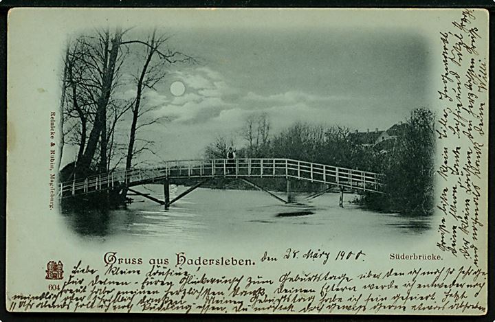 Haderslev, Gruss aus med Süderbrücke i månelys. Reinicke & Rubin no. 604.