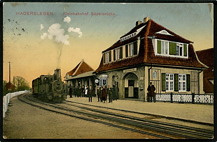 Haderslev, Kleinbahnhof Süderbrücke. W. Schützack no. 17081. Anvendt som ufrankeret soldaterbrevkort umiddelbart før 1. verdenskrig d. 11.7.1914.