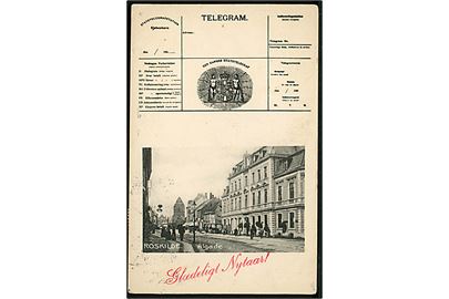 Roskilde, Telegram-hilsen med prospekt af Algade. E. Flensborg no. 9194.