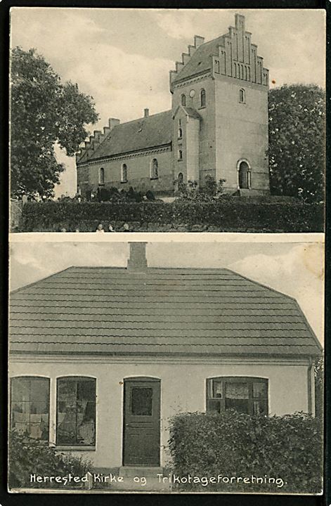 Herrested, partier med kirke og trikotrage forretning. H. Schmidt no. 23152.