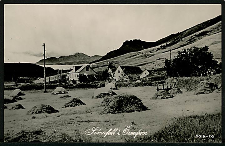 Island, Svinafell i Öræfum. No. 0019-EG. Frankeret med 25 aur Torsk dateret Julen 1945 og annulleret med maskinstempel i København 1945 til København. 