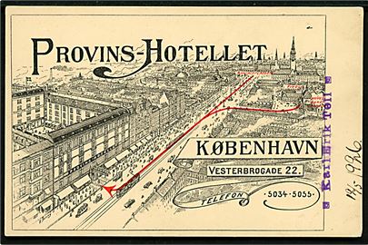 Købh., Vesterbrogade 22, Provins-Hotellet. Reklamekort Pacht & Crone. 