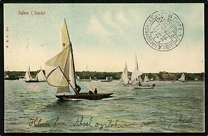 Købh., lystbåde i Øresund. Warburg no. 279. På billedside stempel: Jubilæumsdyreskuet Kjøbenhavn 6-9 Juli 1905. Frankeret med 3 øre Tofarvet.