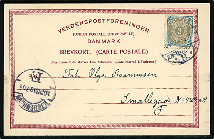 Købh., lystbåde i Øresund. Warburg no. 279. På billedside stempel: Jubilæumsdyreskuet Kjøbenhavn 6-9 Juli 1905. Frankeret med 3 øre Tofarvet.