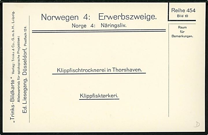 Færøerne, Thorshavn, tørring af klipfisk. Trinks-Bildkarte Række 454 no. 10. Uden adresselinier.