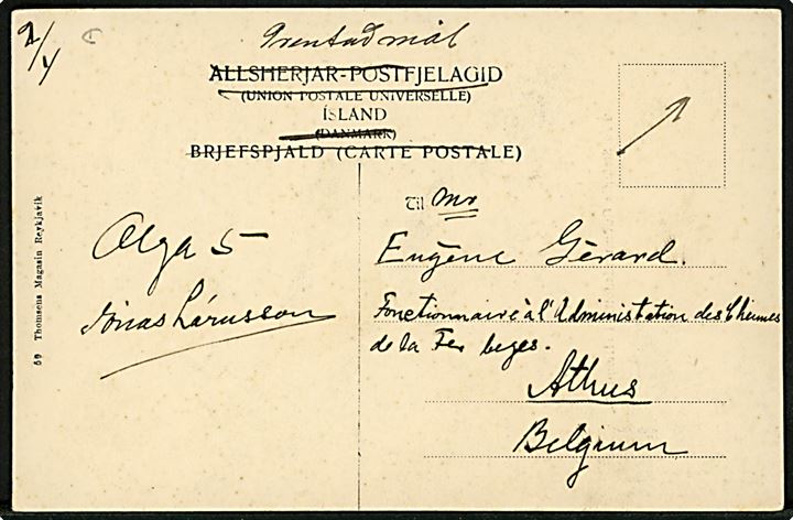 Island, Stefania Gudmundsdottir. Thomsens Magasin u/no. Frankeret med 5 aur Chr. IX og sendt som tryksag fra Reykjavik d. 16.2.1913 til Belgien.