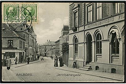 Aalborg, Jernbanegade med Nationalbankens filial. Stenders no. 12094. Frankeret med 5 øre Fr. VIII i parstykke fra Aalborg d. 4.2.1909 til Constantinopel, Tyrkiet. 