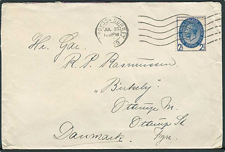 2½d George V Postal Union Congress på brev fra Croydon d. 23.7.1929 til Otterup, Danmark.