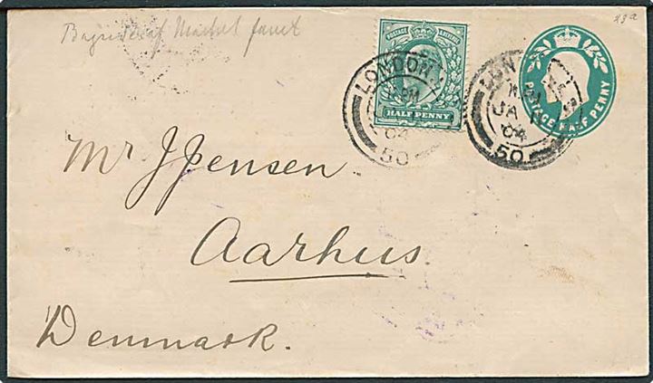 ½d Edward VII helsags kuvert opfrankeret med ½d Edward VII fra London d. 11.1.1904 til aarhus, Danmark.