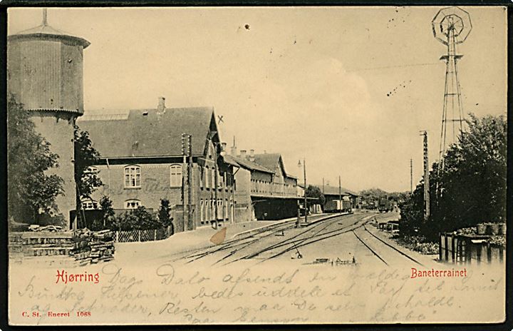 Hjørring. Baneterrainet med Stationen og Posthuset. Stenders no. 1068. Nålehul!.