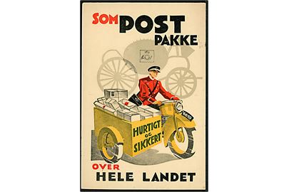 Post på motorcykel med sidevogn. Som Postpakke over hele landet. Hurtigt og sikkert. Reklamekort. Harlang & Toksvig. U/no.