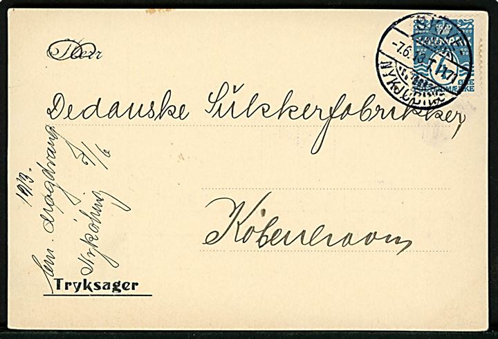 4 øre Bølgelinie på tryksagskort fra købmand Chr. Møgelvang vedr. returnering af emballage fra Dovreodde annulleret med bureaustempel Skive - Nykjøbing T.1171 d. 7.6.1913 til De danske Sukkerfabrikker i København.