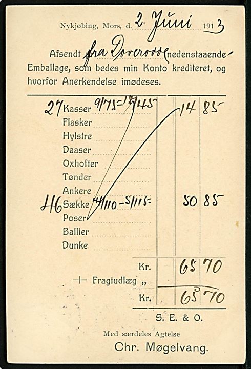 4 øre Bølgelinie på tryksagskort fra købmand Chr. Møgelvang vedr. returnering af emballage fra Dovreodde annulleret med bureaustempel Skive - Nykjøbing T.1171 d. 7.6.1913 til De danske Sukkerfabrikker i København.