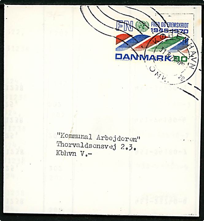 90 øre FN 25 år single på korsbånd annulleret med håndrullestempel København OMK. sn28 d. 31.8.1977 til København V.