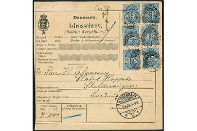 20 øre Våben vm. III (6) på internationalt adressekort for pakke annulleret med ESROM-type stempel K3 og sidestemplet Kjøbenhavn *K.* d. 2.6.1905 via Malmö til Skelderviken, Sverige. K3 stempel anvendt ca. 1½ måned senere end angivet af Skilling/Bendix.