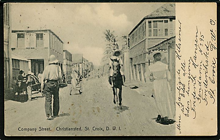 D.V.I., Christiansted, St. Croix, Company Street. Niels Serie C. Med 10 bit Fr. VIII, annulleret Frederiksted d. 13.07.1910 til Frederikssund, Danmark