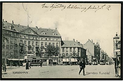 Købh. Nørrebro Rundel med flere sporvogne. Johs. Koren no. 45.