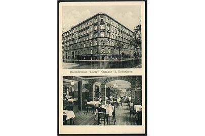 Købh., Hotel Pension Lucas, Nørrealle 11. Reklamekort - 7 dages sommerophold for 28,75 kr.! A. Vincent no. N 66. 