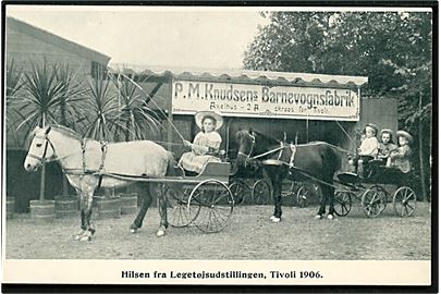 Købh., Legetøjsudstillingen i Tivoli 1906 med reklame for P.M. Knudsen's Banevognsfabrik. U/no. 