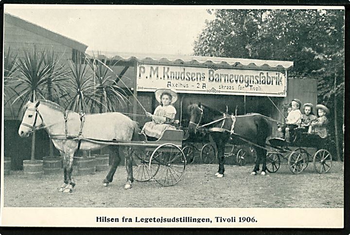 Købh., Legetøjsudstillingen i Tivoli 1906 med reklame for P.M. Knudsen's Banevognsfabrik. U/no. 