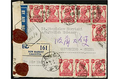 ½ A. (3), 1 S. (19), 2 As. og 8 As. George VI på for- og bagside af anbefalet luftpostbrev fra Calcutta d. 6.10.1943 til polsk officer Lt. Stanislaw Barylski c/o Polish Embassy, Chungking, Kina. Åbnet af indisk censur. 