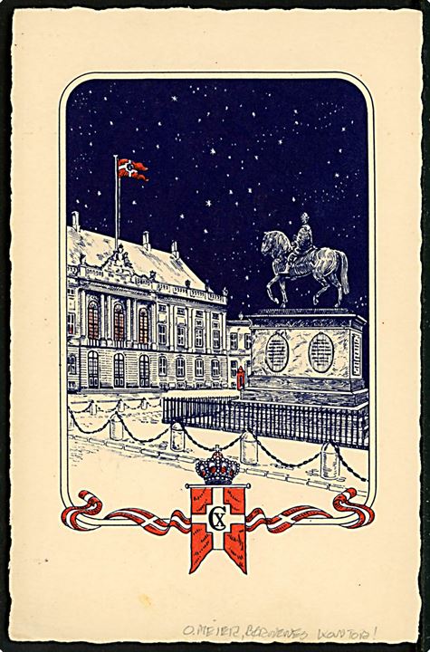 15/40 øre Provisorium og Julemærke på julekort (O. Meier: Amalienborg i sne. Børnenes Kontor) fra København d. 30.12.1940 til Malmö, Sverige. Passér stemplet Ak ved censuren i København.