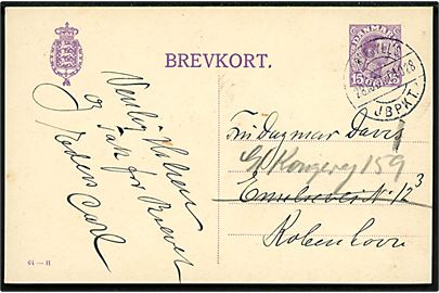 15 øre Chr. X helsagsbrevkort (fabr. 64-H) fra Esbjerg annulleret med reserve bureaustempel (R7) Nørrejyll's JBPKT. sn1 T.1028 d. 28.10.1921 til København. Stempel benyttet på strækningen Fredericia - Struer. 