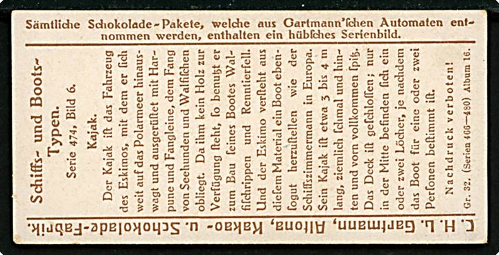 Eskimo i kajak. Samlekort fra Gartmann-Schokolade serie 474 no. 6.