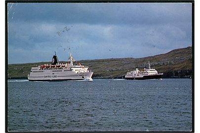 Færgerne Norrøna og Smyrli. Frankeret med 250 øre Kirkestol annulleret med skotsk stempel Lerwick Shetland Paquebot d. 27.6.1984 og sidestemplet med privat stempel fra m/f Norröna til Sverige.