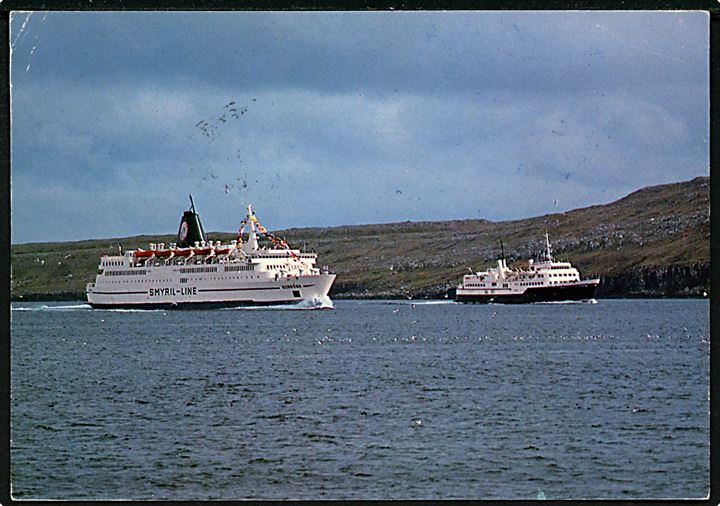 Færgerne Norrøna og Smyrli. Frankeret med 250 øre Kirkestol annulleret med skotsk stempel Lerwick Shetland Paquebot d. 27.6.1984 og sidestemplet med privat stempel fra m/f Norröna til Sverige.