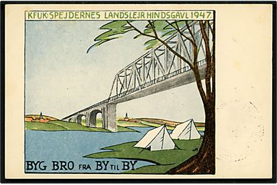 K.F.U.K. Spejdernes Landslejr Hindsgavl 1947. BYG BRO fra BY til BY. Frankeret med 15 øre Chr. X annulleret med spejder særstempel Middelfart KFUK-Spejderne Hindsgavl d. 27.7.1947 til Sverige. Sendt fra svensk deltagende spejder i SFS Yrsaborg.