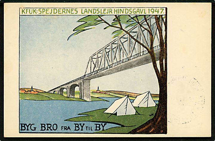 K.F.U.K. Spejdernes Landslejr Hindsgavl 1947. BYG BRO fra BY til BY. Frankeret med 15 øre Chr. X annulleret med spejder særstempel Middelfart KFUK-Spejderne Hindsgavl d. 27.7.1947 til Sverige. Sendt fra svensk deltagende spejder i SFS Yrsaborg.