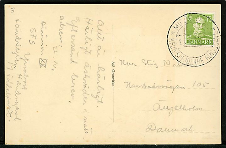 K.F.U.K. Spejdernes Landslejr Hindsgavl 1947. BYG BRO fra BY til BY. Frankeret med 15 øre Chr. X annulleret med spejder særstempel Middelfart KFUK-Spejderne Hindsgavl d. 27.7.1947 til Sverige. Sendt fra svensk deltagende spejder i SFS Yrsaborg.