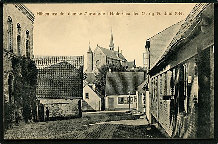 Haderslev, Præstegade med tiltryk Hilsen fra det danske Aarsmøde i Haderslev den 13. og 14. Juni 1914. N. Gaasvig u/no.