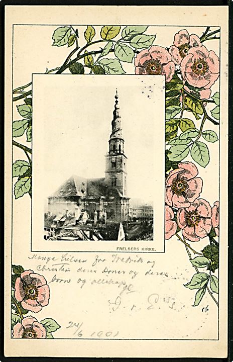 Købh., Frelsers Kirke. Tegnet kort af Knud Larsen med blomsterranke - Hunderoser. Corneliussens forlag u/no.