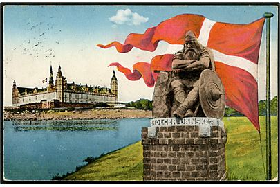 Helsingør. Kort i anledning af 500 års by jubilæum 1926 med Kronborg, Holger Danske og Dannebrog (Hvor Dansk kan det blive!). A. Vincent no. 160.